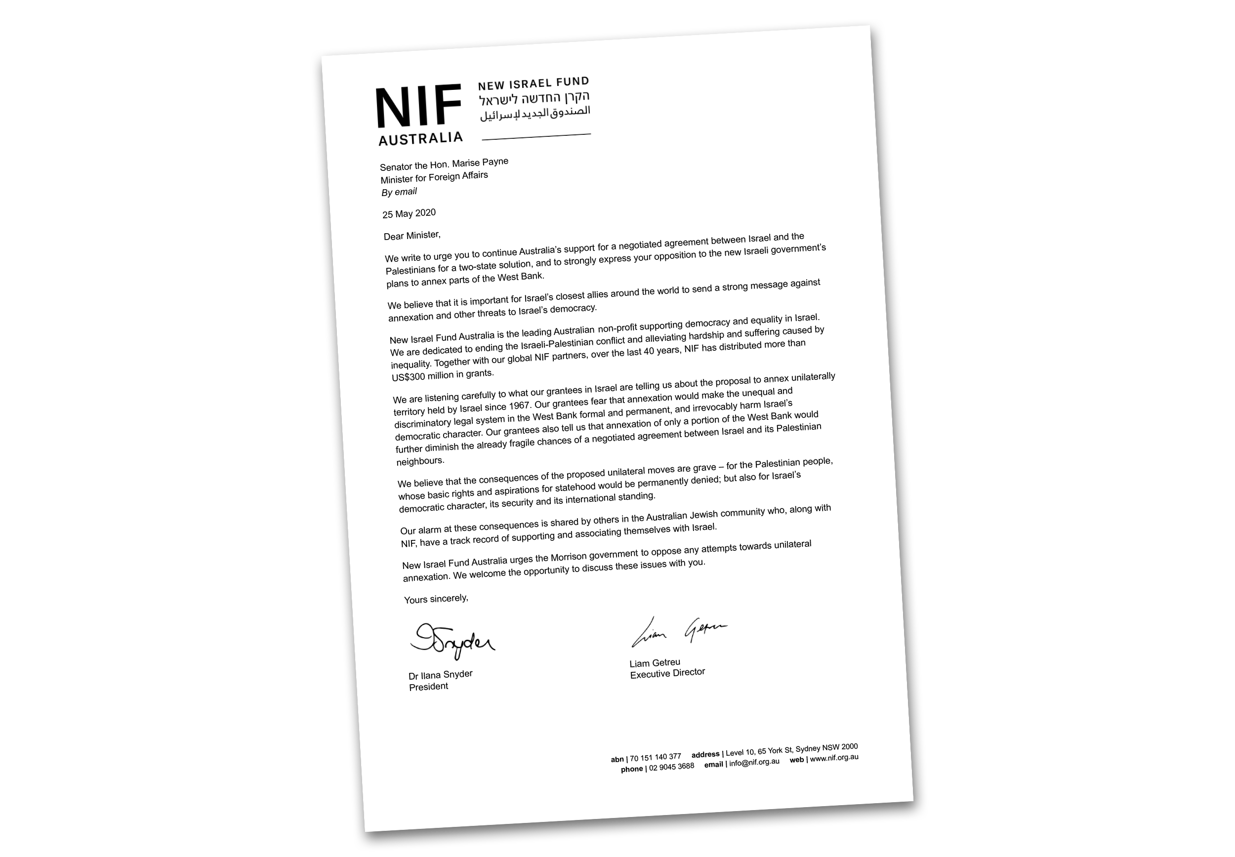 NIF's letter to Foreign Minister Marise Payne